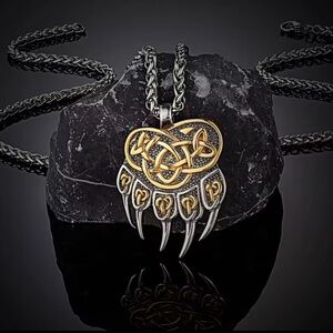 18K White & Gold Bear Claw Viking Celtic Pendant Necklace Witch Biker Unisex.